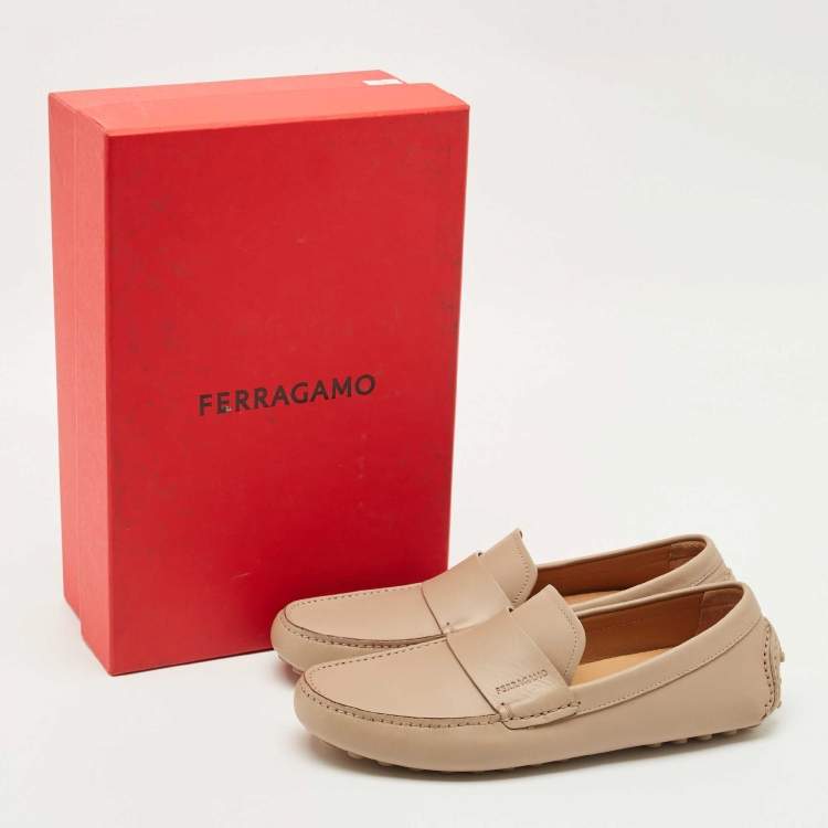 Pre Owned Salvatore Ferragamo Beige Leather Saddle Driving Loafers Size 41