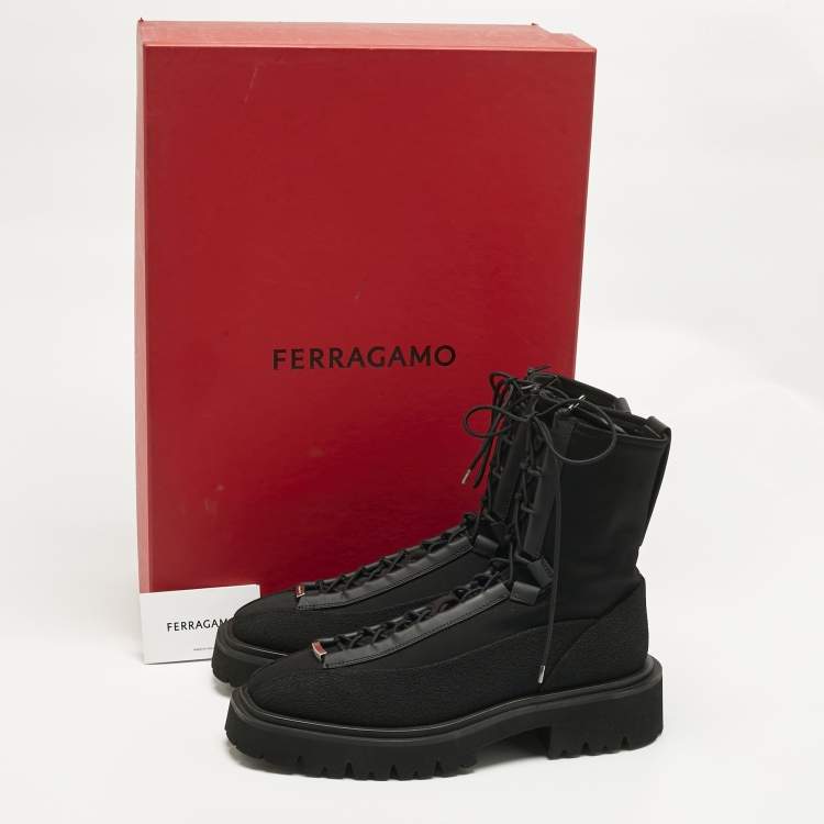 Pre Owned Salvatore Ferragamo Black Stretch Fabric Atlante Combat Boots Size 42