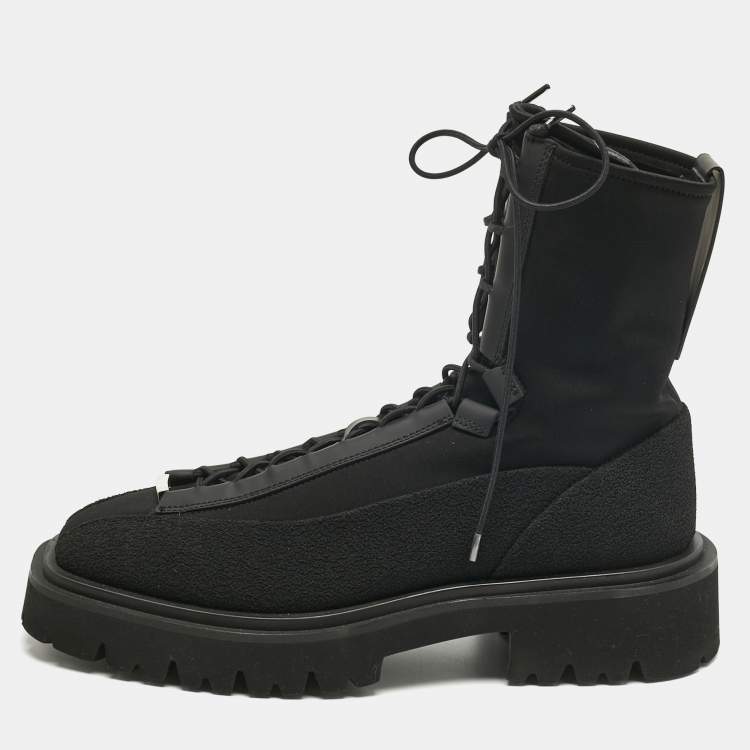 Pre Owned Salvatore Ferragamo Black Stretch Fabric Atlante Combat Boots Size 42