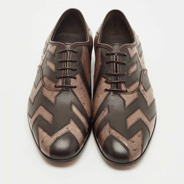 Pre Owned Salvatore Ferragamo Brown Ostrich and Leather Gris Oxfords Size 41