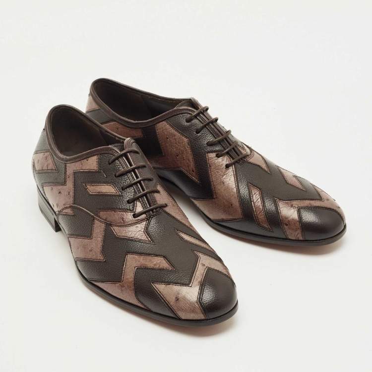 Pre Owned Salvatore Ferragamo Brown Ostrich and Leather Gris Oxfords Size 41