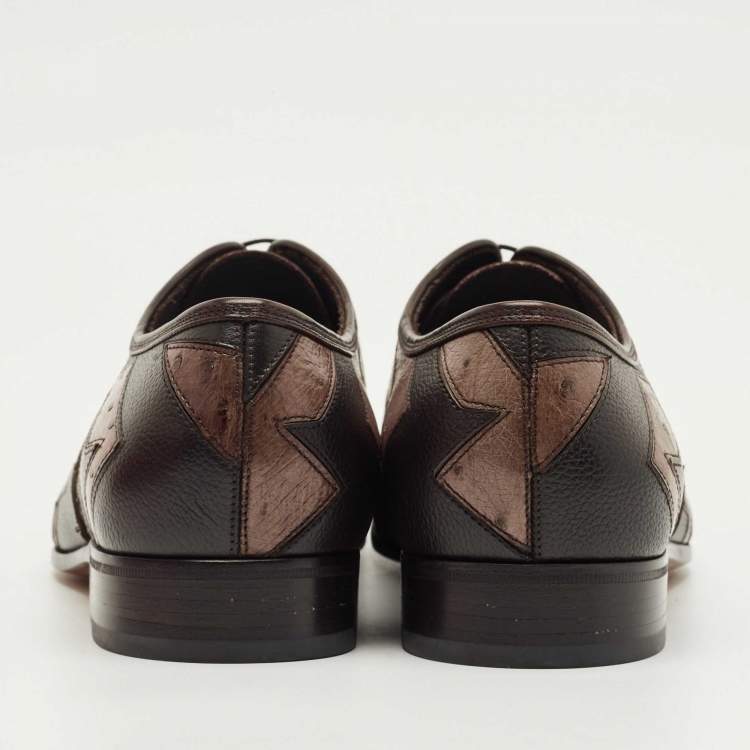 Pre Owned Salvatore Ferragamo Brown Ostrich and Leather Gris Oxfords Size 41