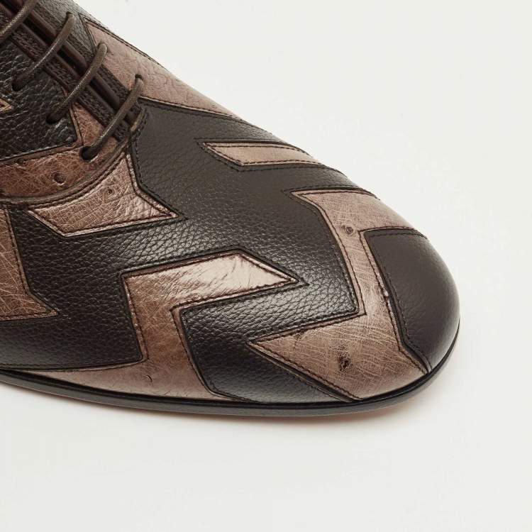 Pre Owned Salvatore Ferragamo Brown Ostrich and Leather Gris Oxfords Size 41