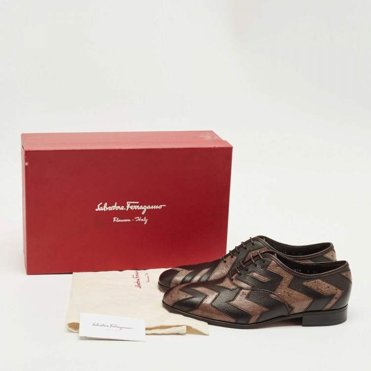 Pre Owned Salvatore Ferragamo Brown Ostrich and Leather Gris Oxfords Size 41