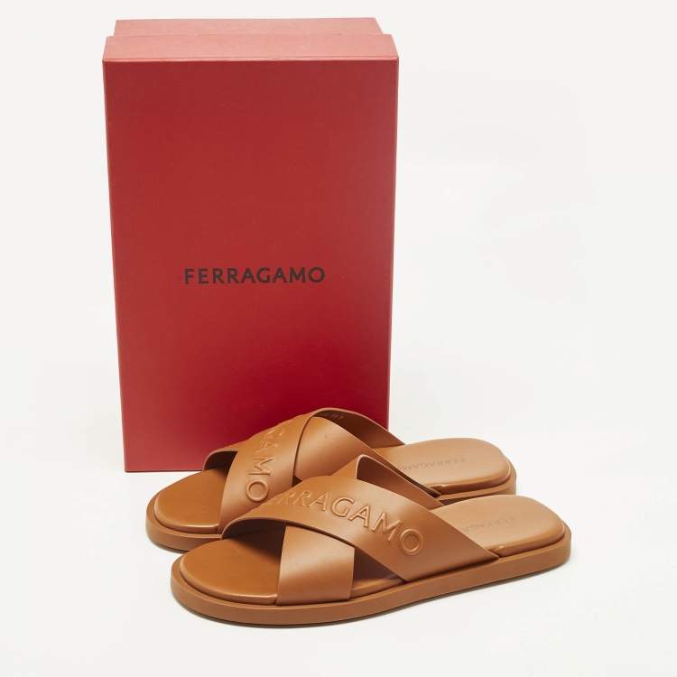 Pre Owned Salvatore Ferragamo Size 44 Brown Leather Crisscross Flat Slides