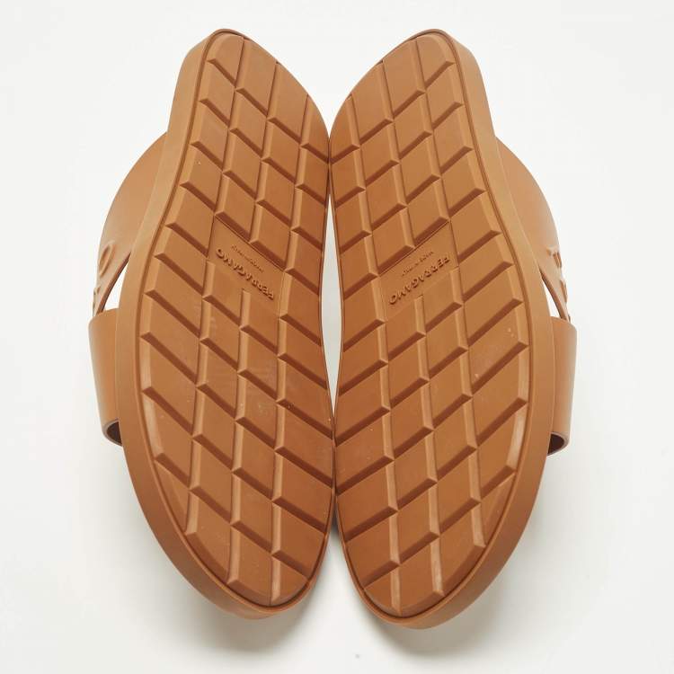 Pre Owned Salvatore Ferragamo Size 44 Brown Leather Crisscross Flat Slides