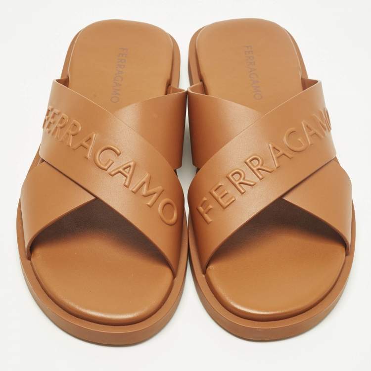 Pre Owned Salvatore Ferragamo Size 44 Brown Leather Crisscross Flat Slides