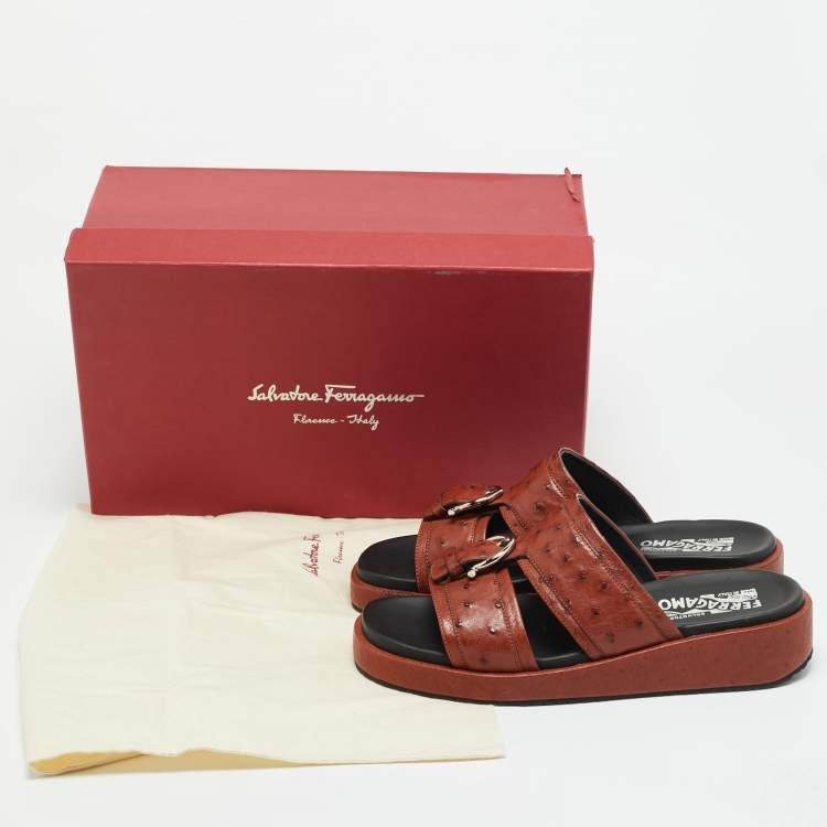 Pre Owned Salvatore Ferragamo Lufti Size 41 Brown Ostrich Leather Flat Sandals
