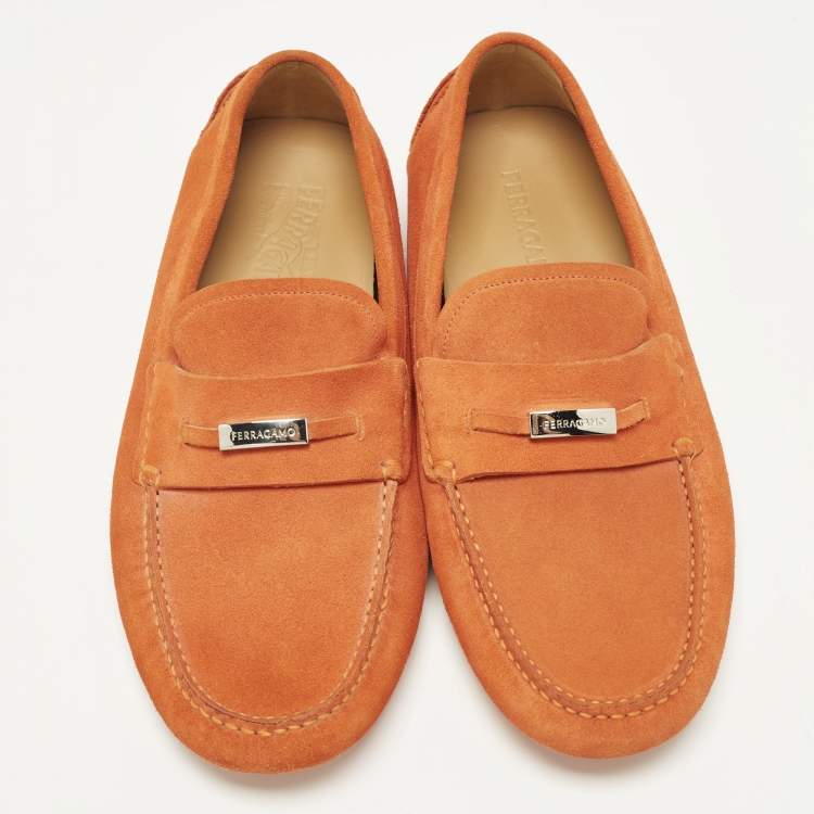Pre Owned Salvatore Ferragamo Grenoble Size 42.5 Orange Suede Driver Loafers