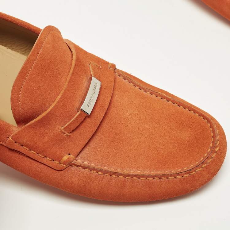 Pre Owned Salvatore Ferragamo Grenoble Size 42.5 Orange Suede Driver Loafers