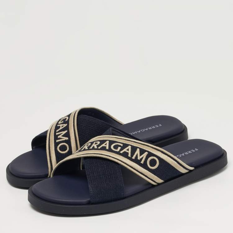 Pre Owned Salvatore Ferragamo Logo Size 45 Navy Blue Canvas Criss Cross Slide Sandals