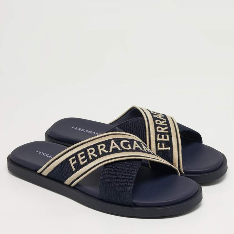 Pre Owned Salvatore Ferragamo Logo Size 45 Navy Blue Canvas Criss Cross Slide Sandals