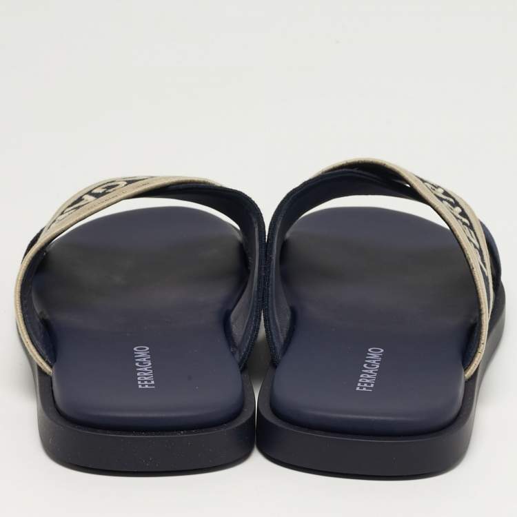 Pre Owned Salvatore Ferragamo Logo Size 45 Navy Blue Canvas Criss Cross Slide Sandals