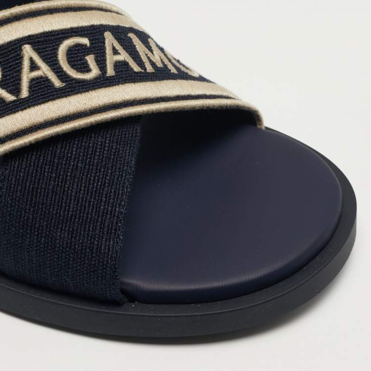 Pre Owned Salvatore Ferragamo Logo Size 45 Navy Blue Canvas Criss Cross Slide Sandals