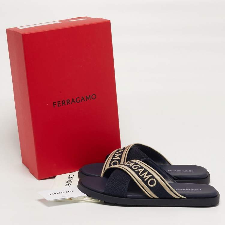 Pre Owned Salvatore Ferragamo Logo Size 45 Navy Blue Canvas Criss Cross Slide Sandals