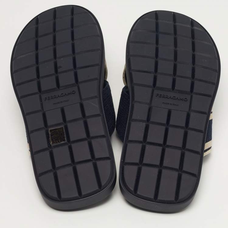 Pre Owned Salvatore Ferragamo Logo Size 45 Navy Blue Canvas Criss Cross Slide Sandals
