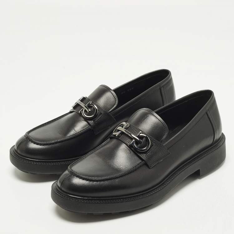 Pre Owned Salvatore Ferragamo Double Gancio Size 43.5 Black Leather Loafers