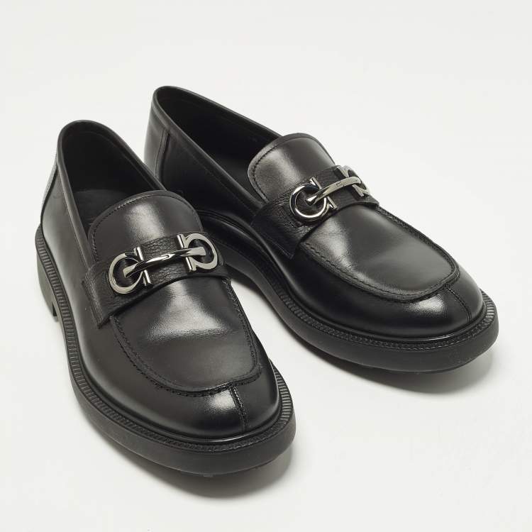 Pre Owned Salvatore Ferragamo Double Gancio Size 43.5 Black Leather Loafers