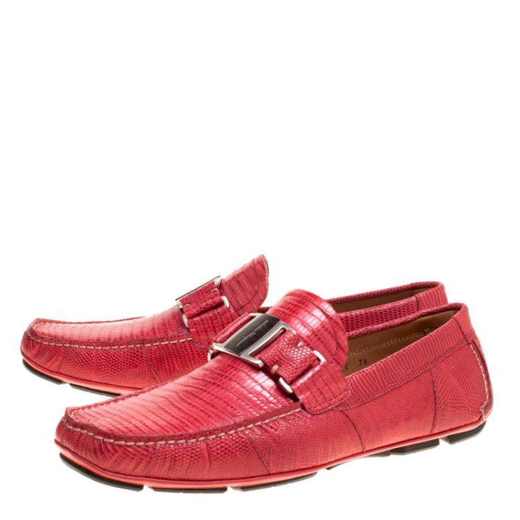 Pre Owned Salvatore Ferragamo Coral Red Lizard Sardegna Loafers Size 41.5