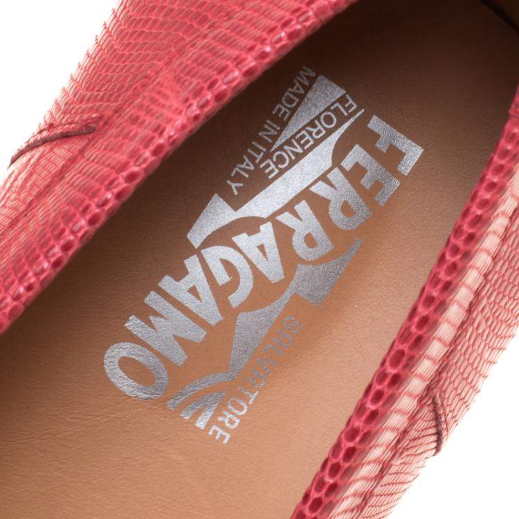 Pre Owned Salvatore Ferragamo Coral Red Lizard Sardegna Loafers Size 41.5