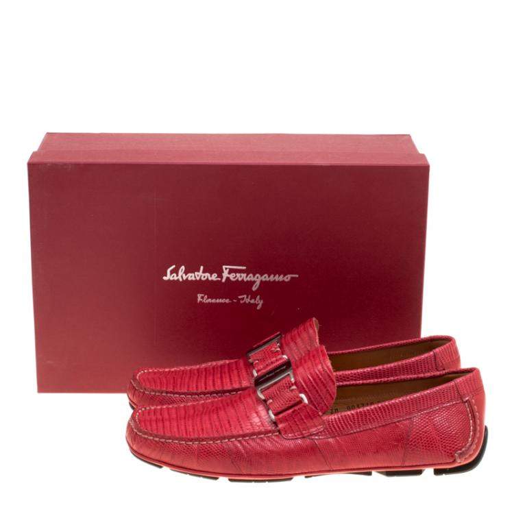 Pre Owned Salvatore Ferragamo Coral Red Lizard Sardegna Loafers Size 41.5