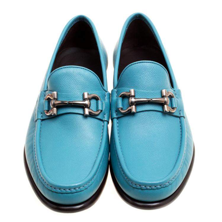 Pre Owned Salvatore Ferragamo Blue Leather Mason Gancio Bit Loafers Size 43.5