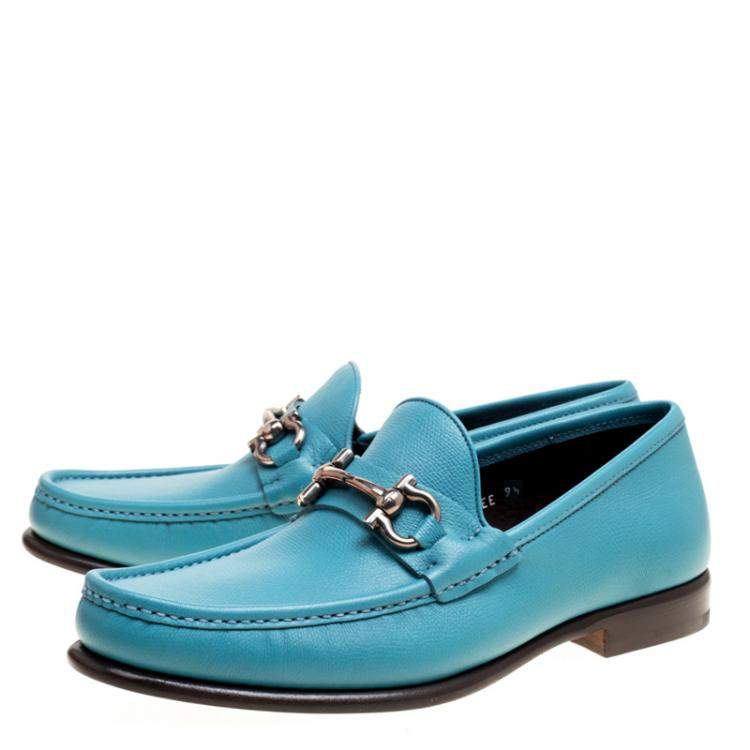 Pre Owned Salvatore Ferragamo Blue Leather Mason Gancio Bit Loafers Size 43.5