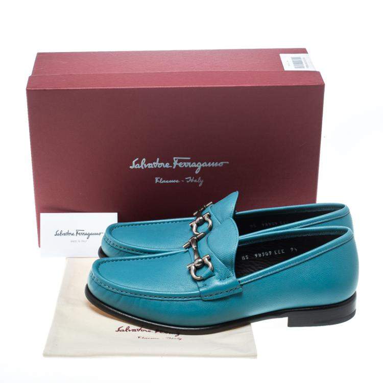 Pre Owned Salvatore Ferragamo Blue Leather Mason Gancio Bit Loafers Size 43.5