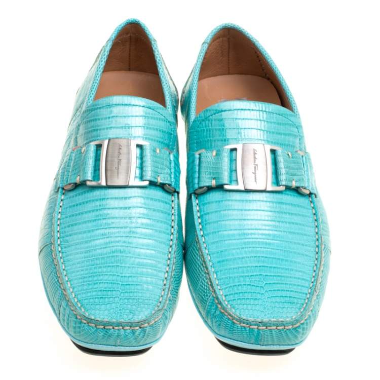 Pre Owned Salvatore Ferragamo Aqua Green Lizard Sardegna Loafers Size 43