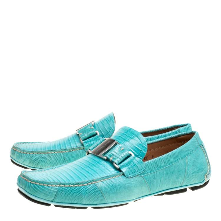 Pre Owned Salvatore Ferragamo Aqua Green Lizard Sardegna Loafers Size 43