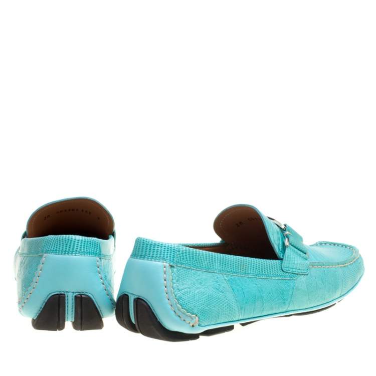 Pre Owned Salvatore Ferragamo Aqua Green Lizard Sardegna Loafers Size 43