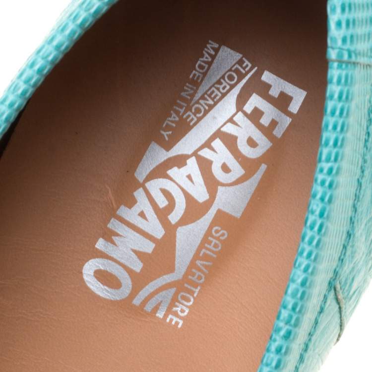 Pre Owned Salvatore Ferragamo Aqua Green Lizard Sardegna Loafers Size 43