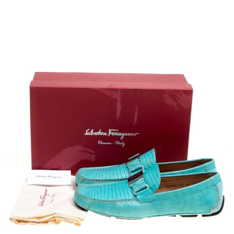 Pre Owned Salvatore Ferragamo Aqua Green Lizard Sardegna Loafers Size 43