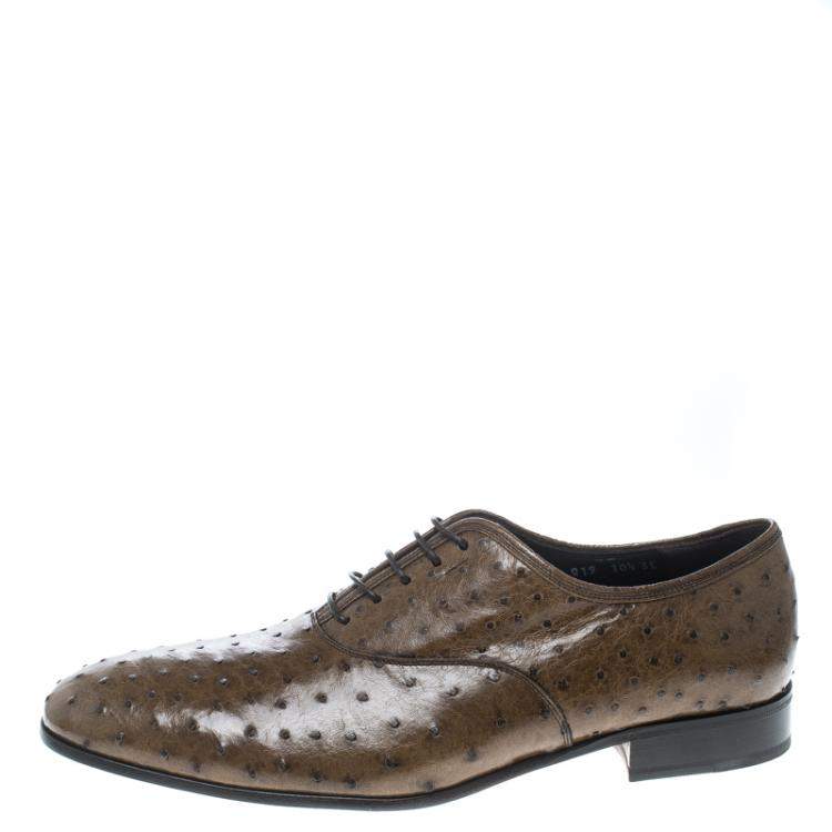 Pre Owned Salvatore Ferragamo Light Brown Ostrich Leather Gris Oxfords Size 42.5