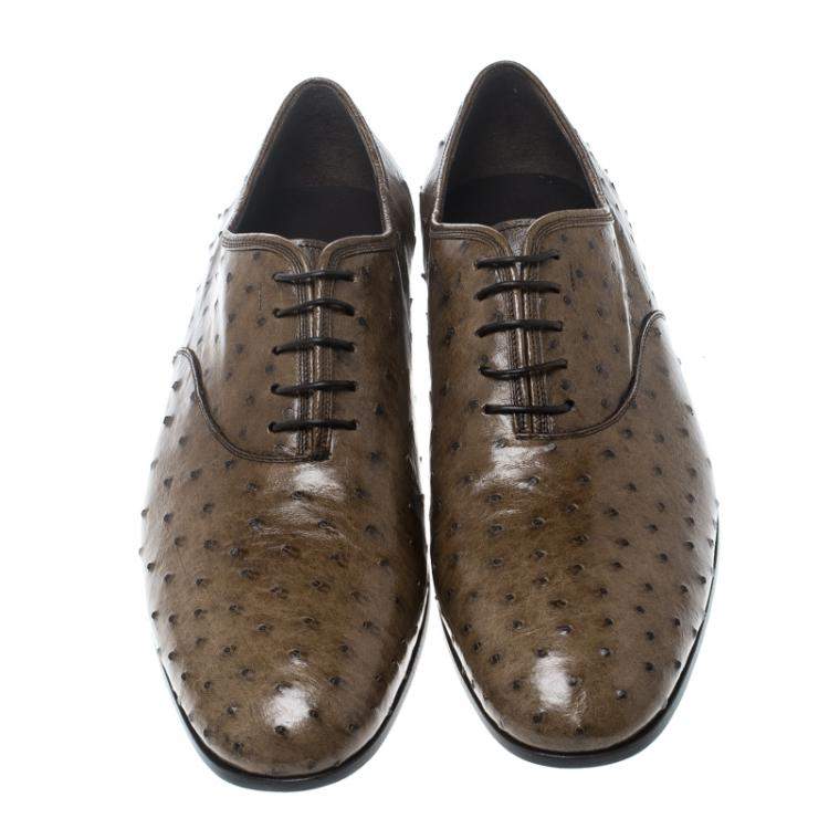 Pre Owned Salvatore Ferragamo Light Brown Ostrich Leather Gris Oxfords Size 42.5