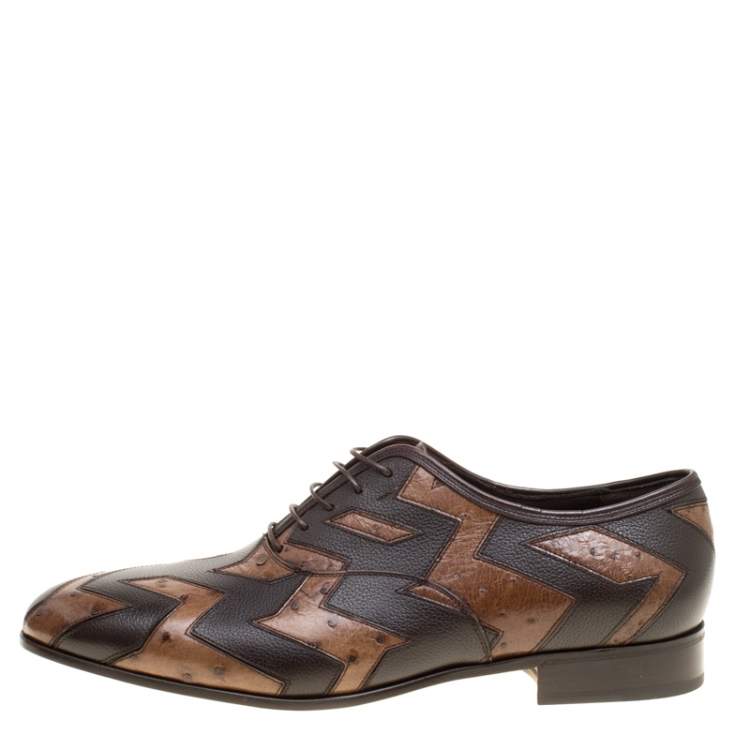 Pre Owned Salvatore Ferragamo Two Tone Brown Ostrich and Calf Leather Gris Oxfords Size 43.5
