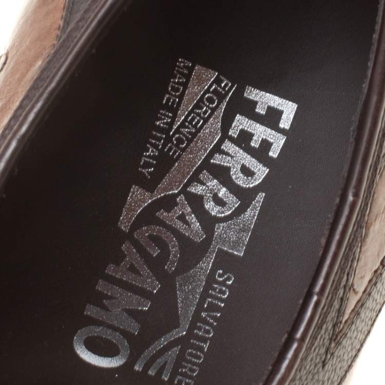Pre Owned Salvatore Ferragamo Two Tone Brown Ostrich and Calf Leather Gris Oxfords Size 43.5