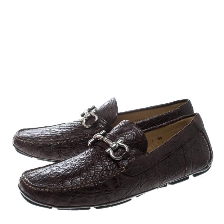 مملوكة مسبقًا Salvatore Ferragamo Brown Crocodile Leather Parigi Bit Loafers Size 44.5