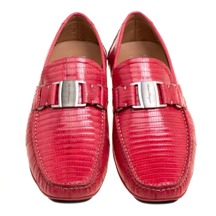 Pre Owned Salvatore Ferragamo Coral Red Lizard Sardegna Loafers Size 43