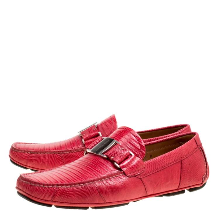 Pre Owned Salvatore Ferragamo Coral Red Lizard Sardegna Loafers Size 43