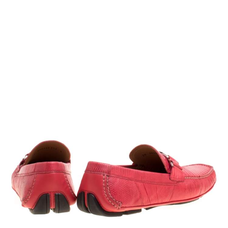 Pre Owned Salvatore Ferragamo Coral Red Lizard Sardegna Loafers Size 43