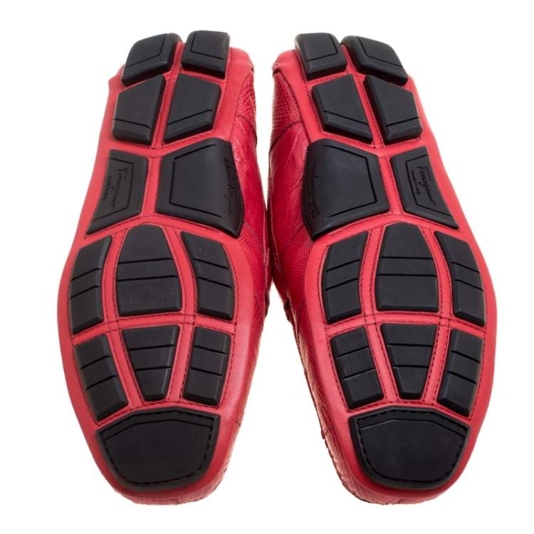 Pre Owned Salvatore Ferragamo Coral Red Lizard Sardegna Loafers Size 43