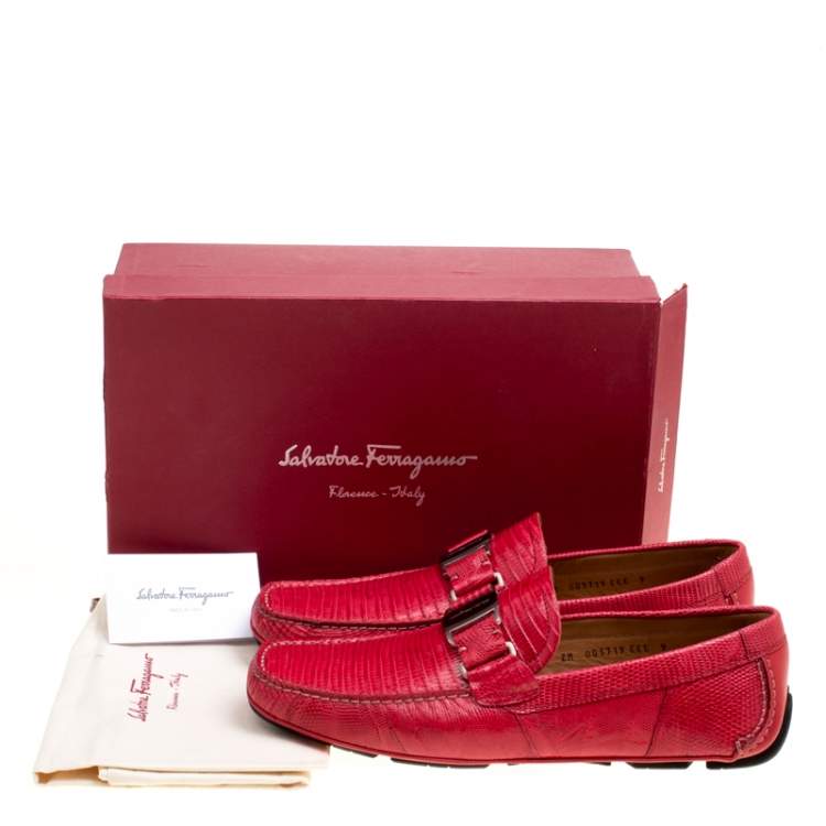 Pre Owned Salvatore Ferragamo Coral Red Lizard Sardegna Loafers Size 43