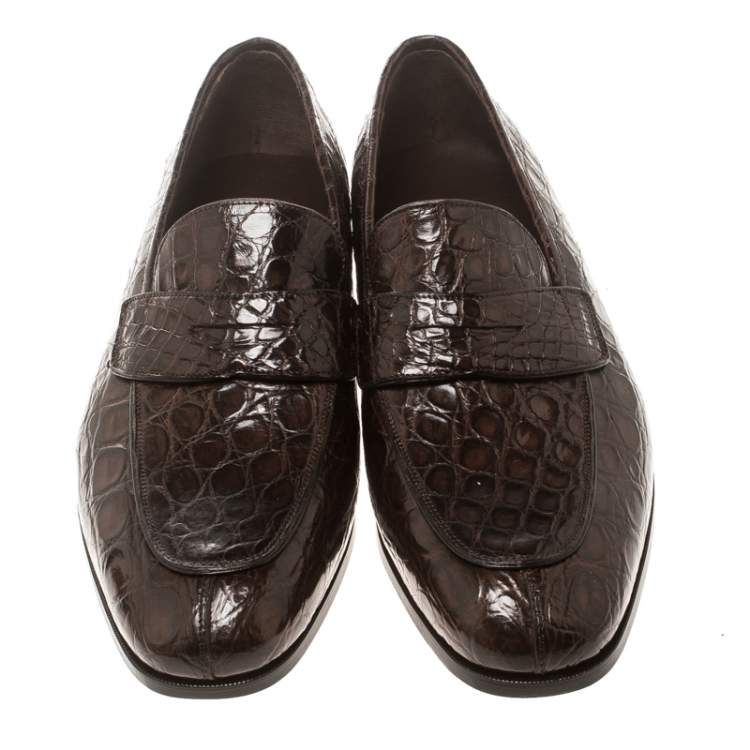 مملوكة مسبقًا Salvatore Ferragamo Mocca Crocodile Leather Pablo Penny Loafers Size 43