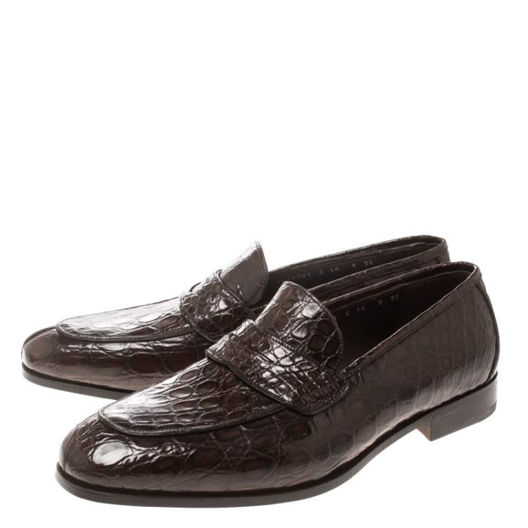 مملوكة مسبقًا Salvatore Ferragamo Mocca Crocodile Leather Pablo Penny Loafers Size 43