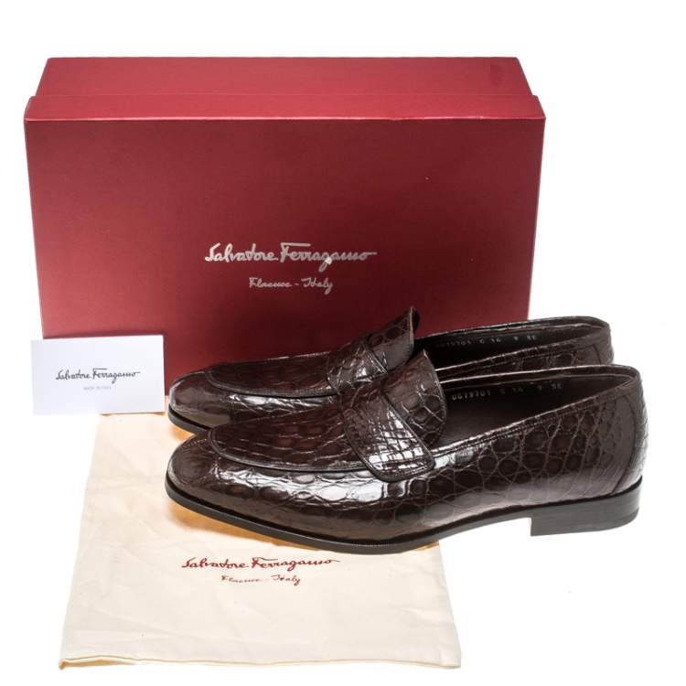 مملوكة مسبقًا Salvatore Ferragamo Mocca Crocodile Leather Pablo Penny Loafers Size 43