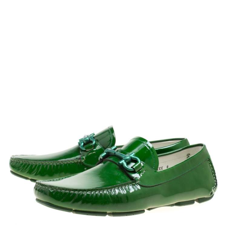 Pre Owned Salvatore Ferragamo Green Patent Leather Parigi Gancini Driver Loafers Size 42