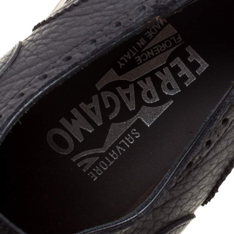 Pre Owned Salvatore Ferragamo Black Brogue Leather Genesis Fringe Detail Wingtip Oxford Size 43.5