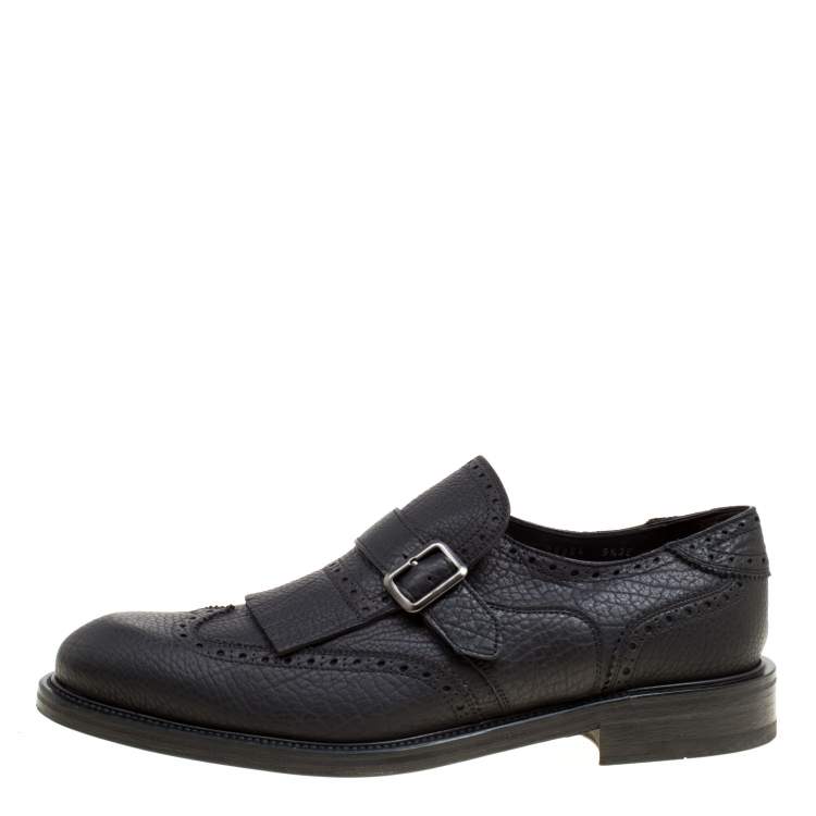 Pre Owned Salvatore Ferragamo Black Brogue Leather Genesis Fringe Detail Wingtip Oxford Size 43.5