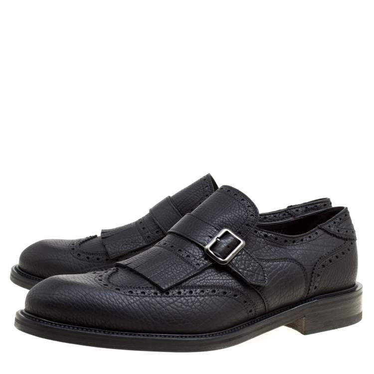Pre Owned Salvatore Ferragamo Black Brogue Leather Genesis Fringe Detail Wingtip Oxford Size 43.5